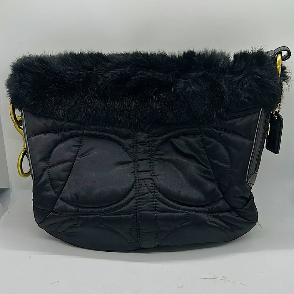 Coach Authentic Black Quilted Shoulder Bag with Rabbit Fur Trim - Picture 2 of 5
